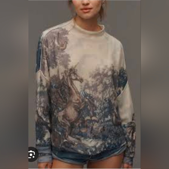 Rare Pilcro Alani Mock Neck Mystical Garden Cashmere Cream & Blue Sweater NWT S - Picture 2 of 12